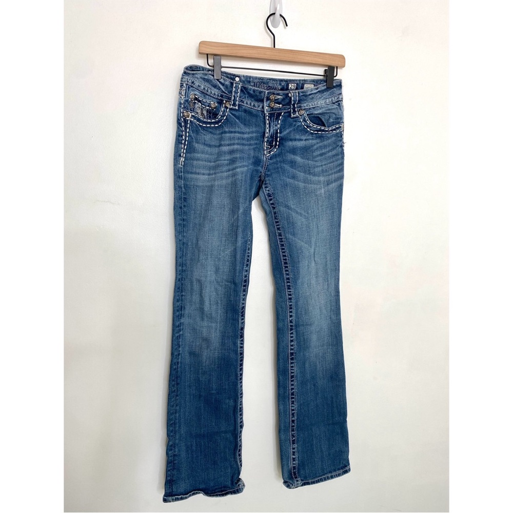 Miss Me Womens Double Button BootCut Contrast Stitch Dark Wash Jeans